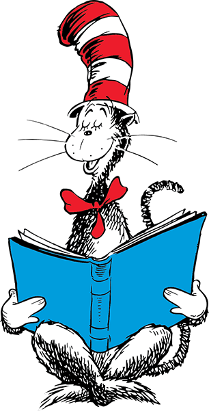 The Cat in the Hat reading a book Illustration by Dr. Seuss